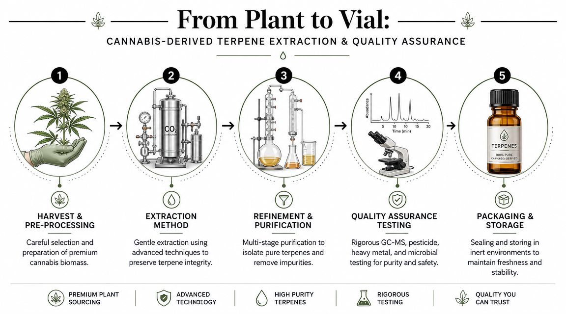 A five-step infographic showing the process of cannabis-derived terpene extraction, from plant harvesting to final packaging.