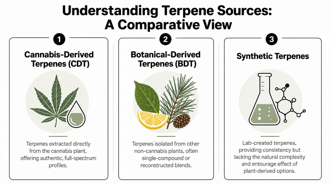 An infographic comparing Cannabis-Derived, Botanical-Derived, and Synthetic Terpenes, illustrating their sources and unique product characteristics.