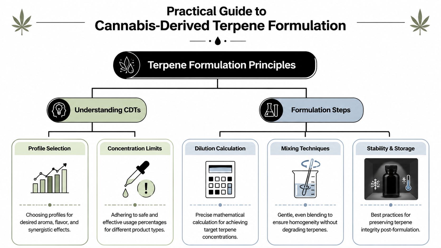 A diagram titled Practical Guide to Cannabis-Derived Terpene Formulation outlining principles, selection, and mixing techniques.