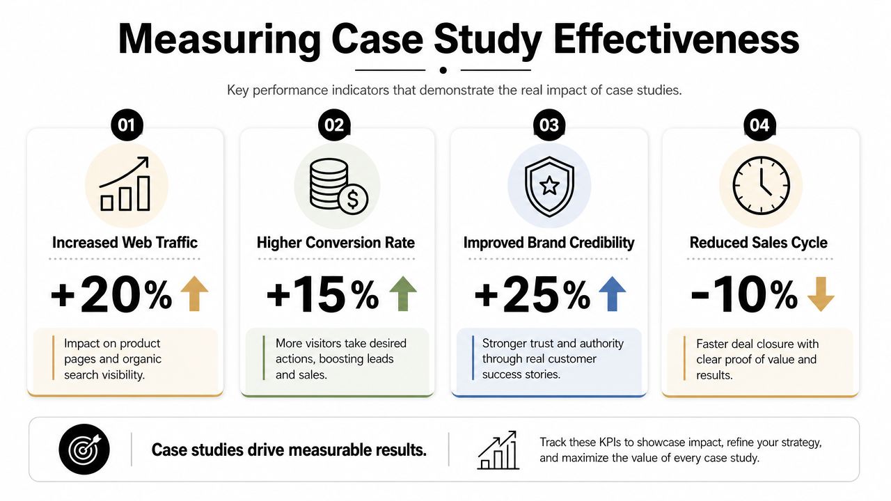 An infographic showing four key performance indicators for measuring the effectiveness and business impact of case studies.