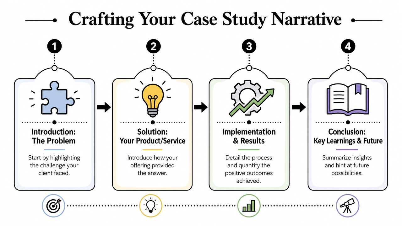 A four-step infographic illustrating the process of crafting a professional case study narrative for business.
