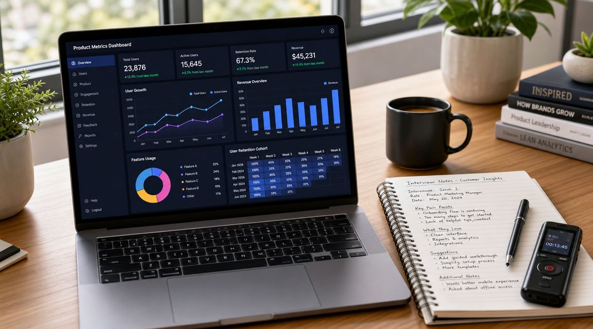 Laptop displaying a product metrics dashboard on a desk with a notebook, pen, and coffee mug.
