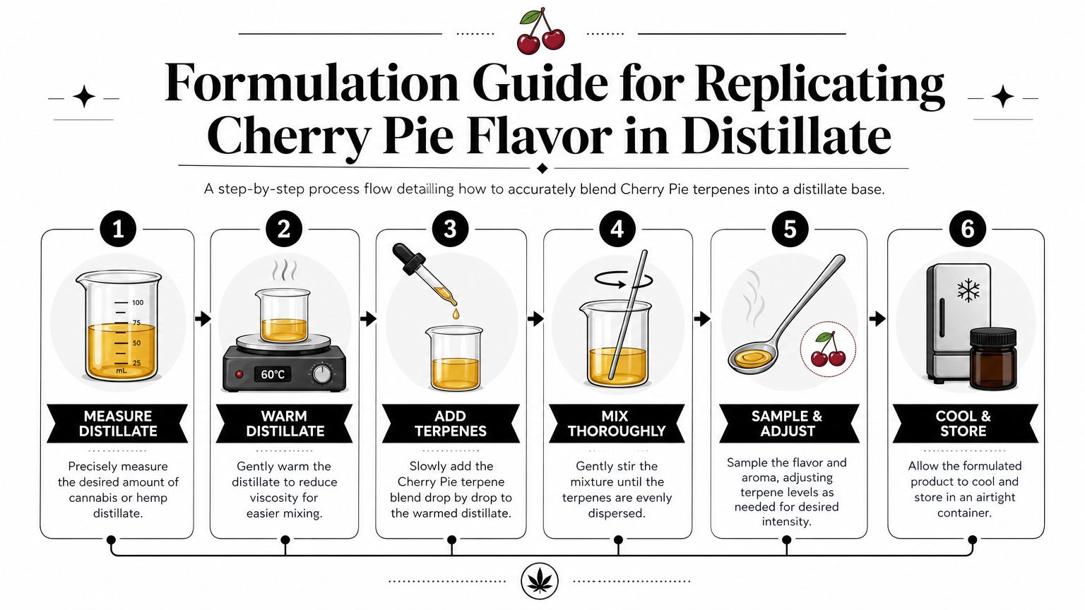 A six-step infographic guide detailing the professional process for blending cherry pie terpenes into cannabis distillate.
