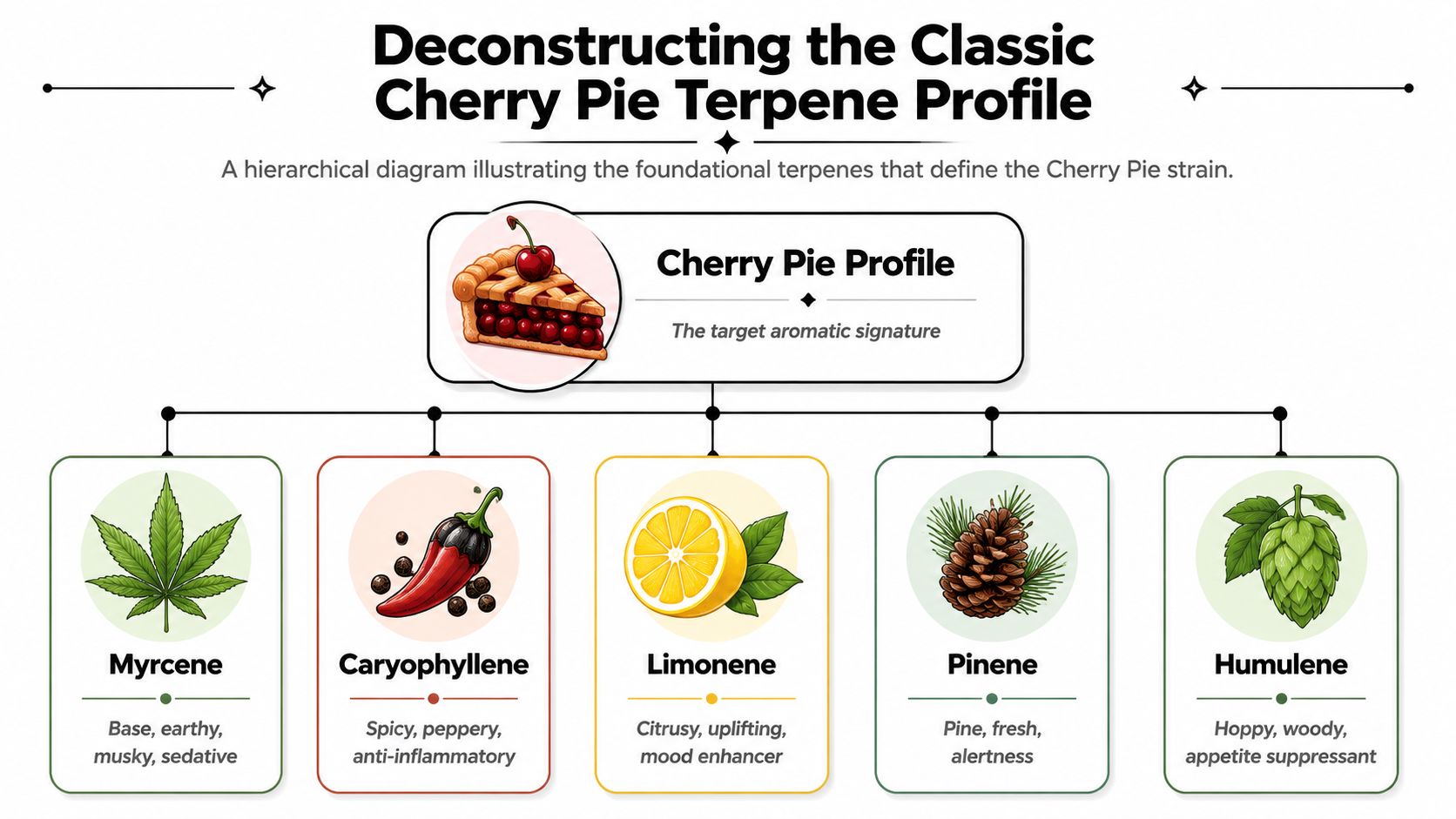 A hierarchical diagram showing the foundational terpenes found in the Cherry Pie cannabis strain profile.