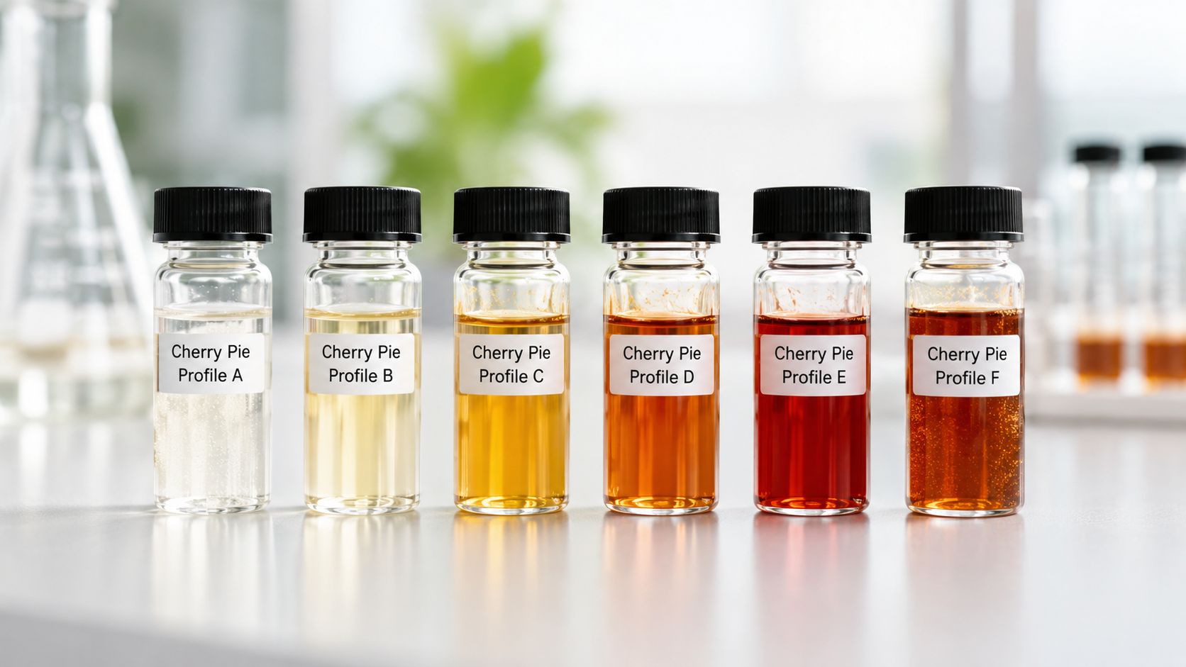 A row of six glass vials labeled Cherry Pie Profiles A through F on a laboratory table.