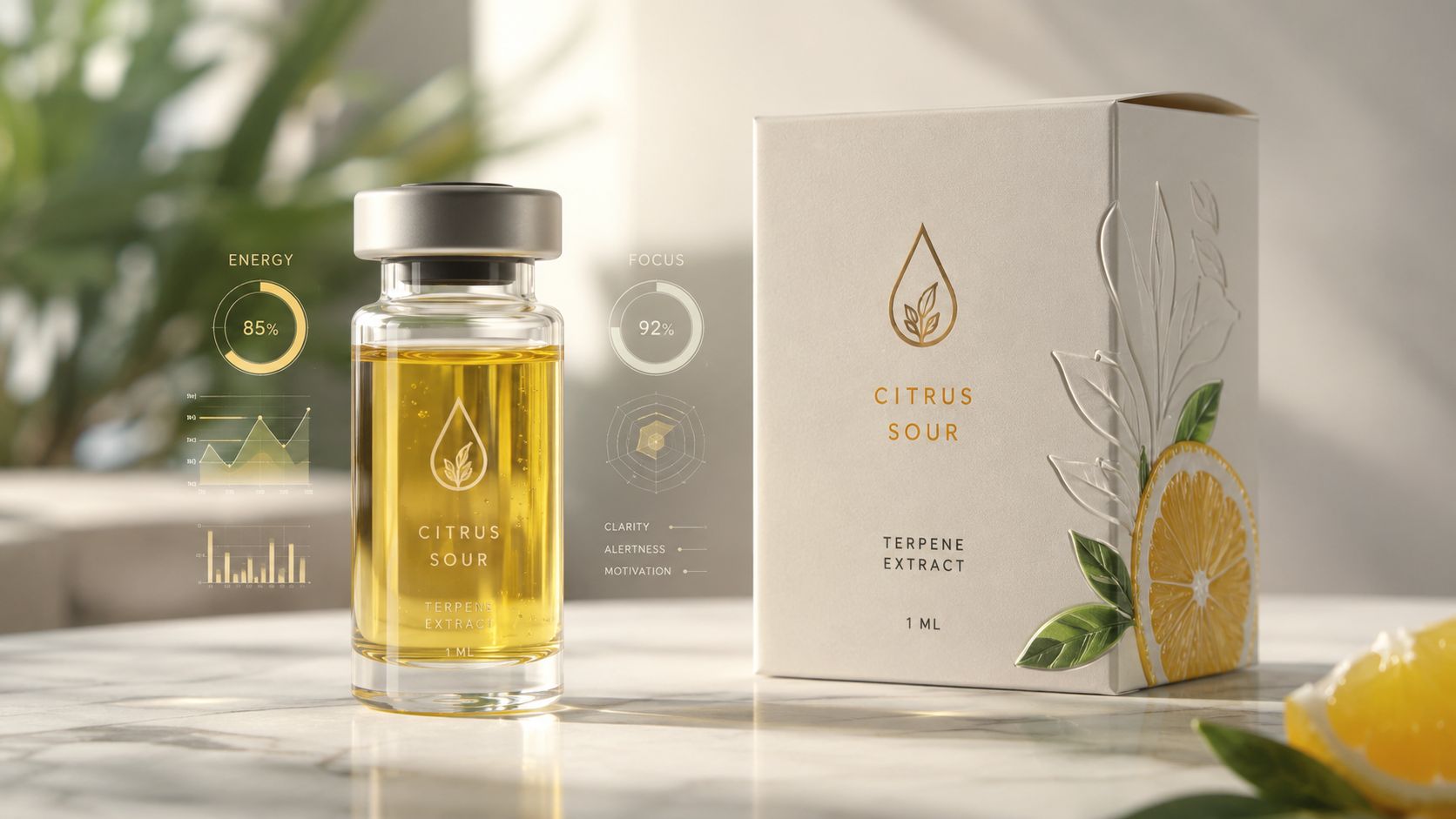 A glass vial of Citrus Sour terpene extract next to its elegant white product packaging box.