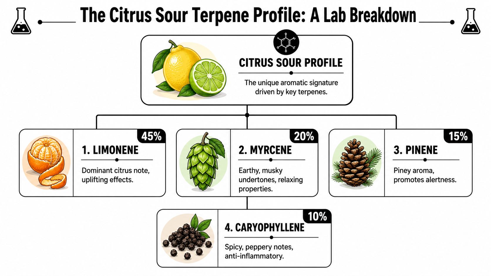 An infographic detailing the citrus sour strain terpene profile including limonene, myrcene, pinene, and caryophyllene breakdown.