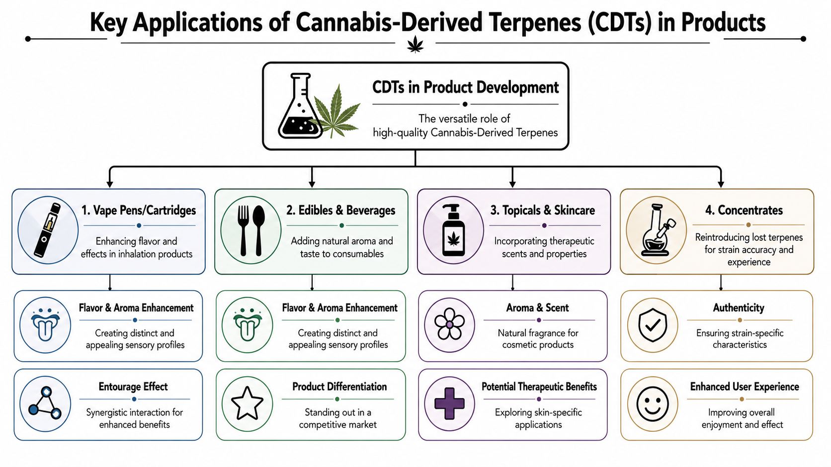 A flowchart infographic detailing the versatile applications of Cannabis-Derived Terpenes in various consumer product industries.
