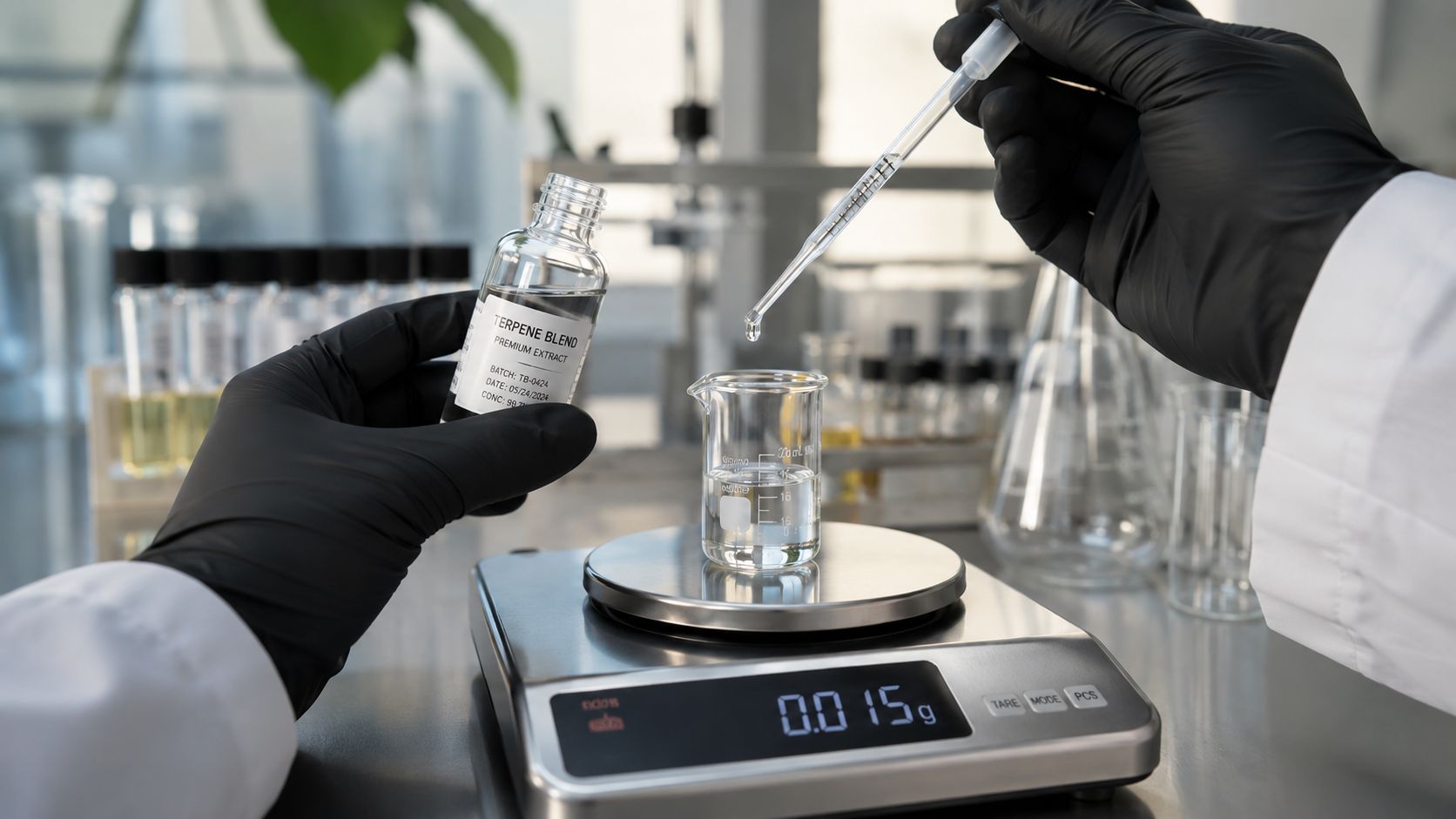 A scientist in black gloves carefully measuring a premium terpene blend extract into a glass beaker.