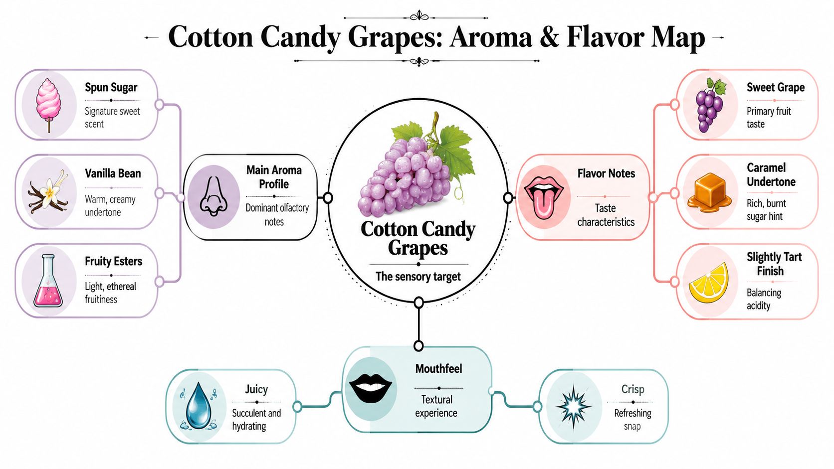 A sensory map infographic displaying the aroma, flavor notes, and mouthfeel of Cotton Candy grapes.