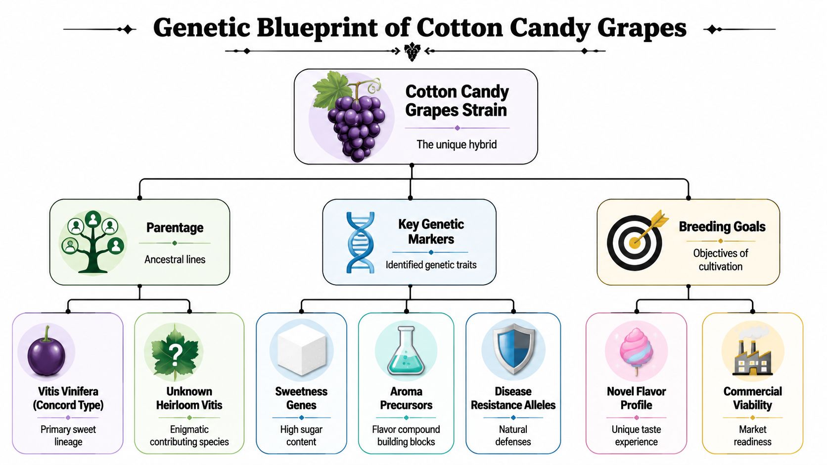 A diagram illustrating the genetic components, parentage, and breeding goals of the cotton candy grapes strain.