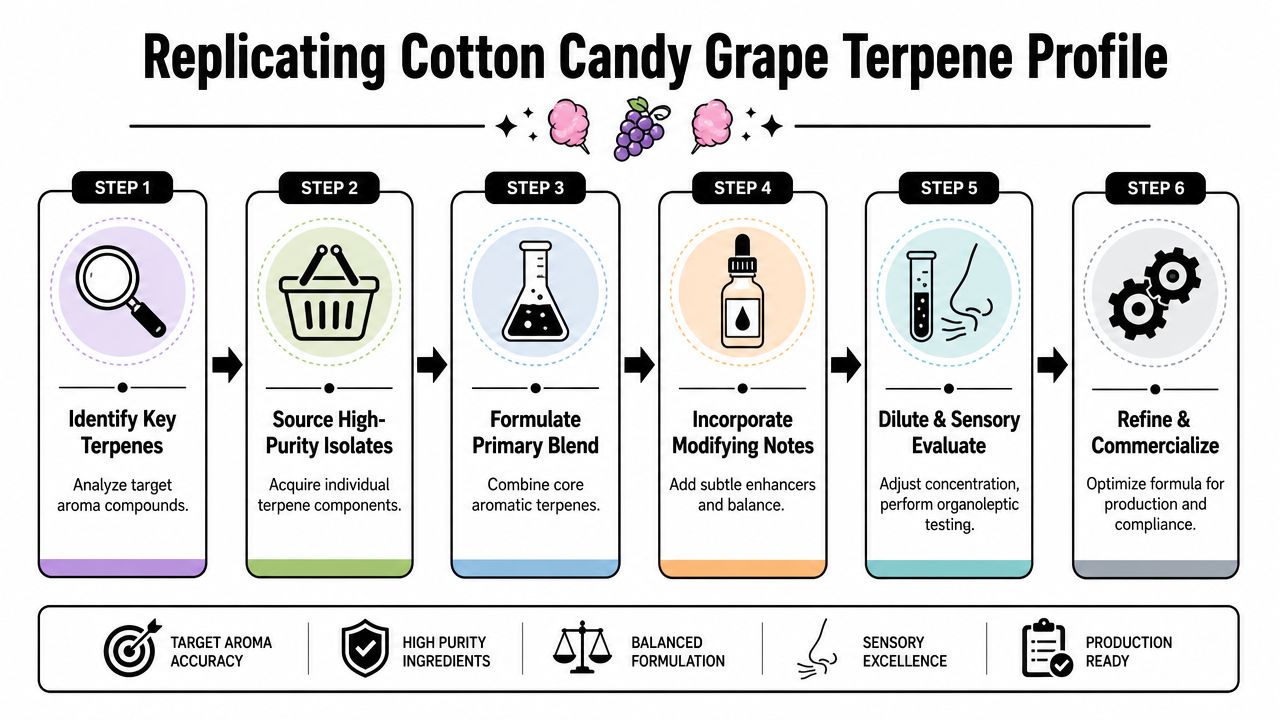 A step-by-step infographic showing the scientific process of replicating the aromatic profile of cotton candy grapes.