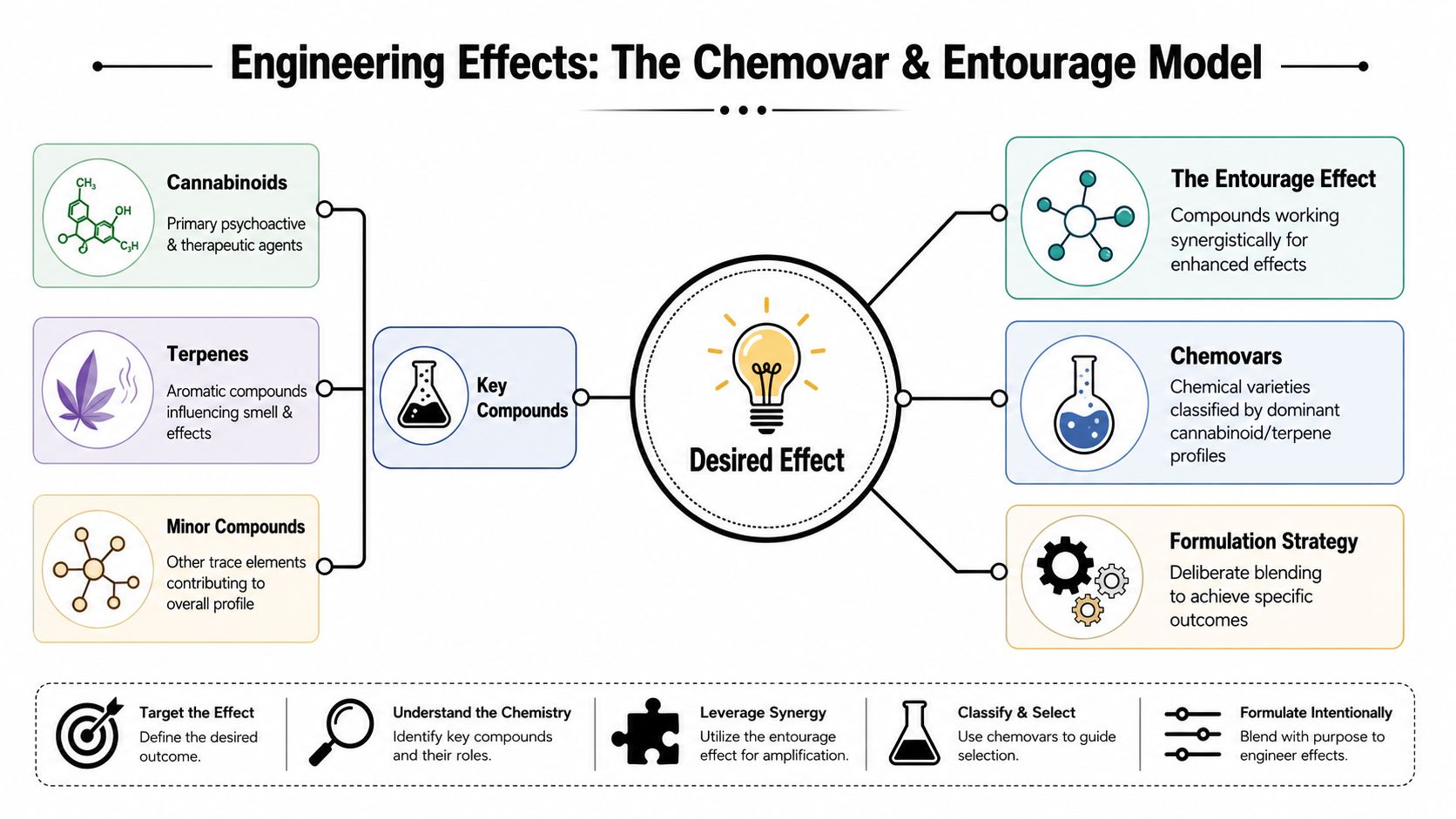 A diagram illustrating the chemovar and entourage model for engineering specific effects using cannabis compounds.