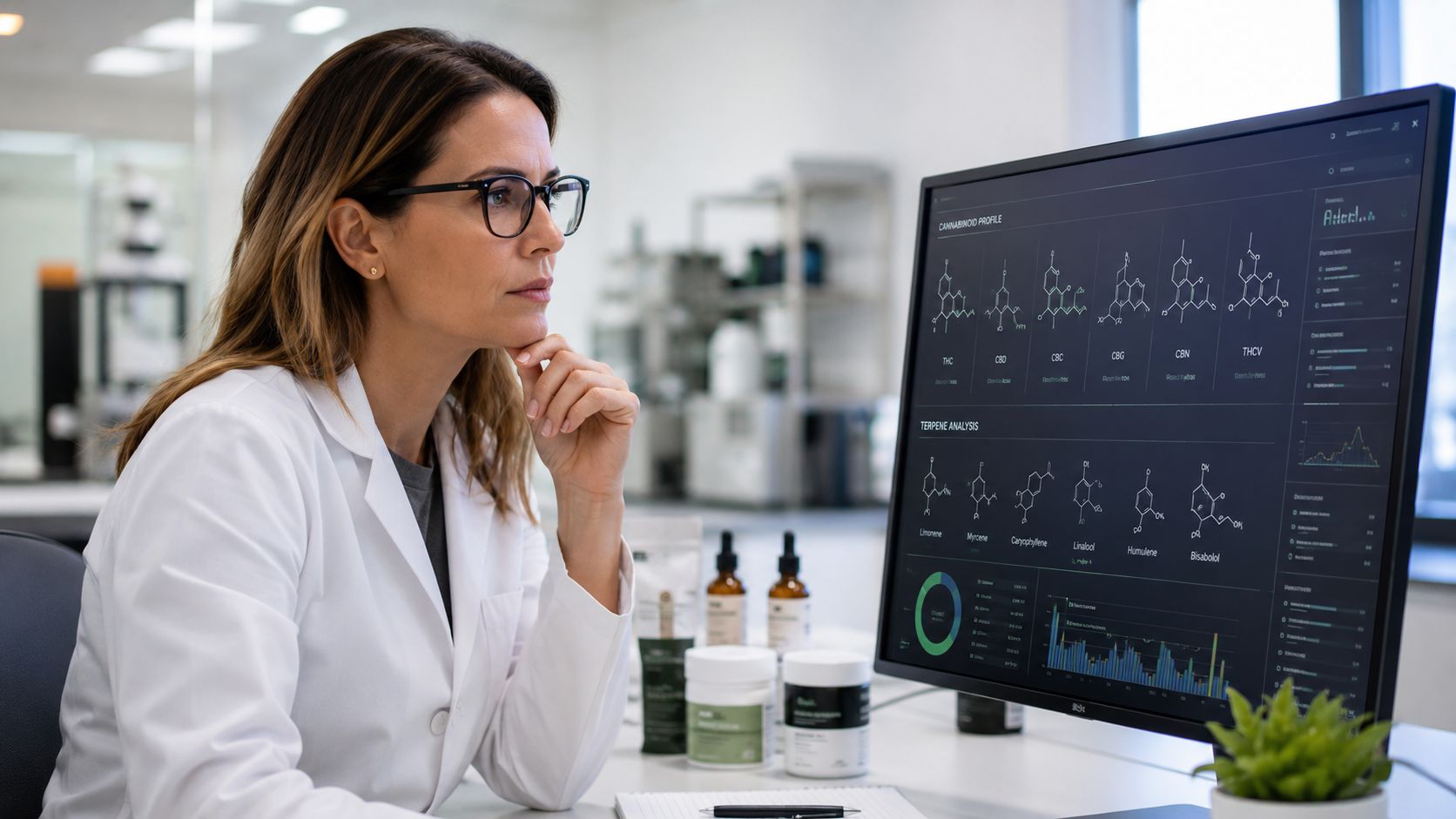 A female scientist in a white coat analyzing cannabinoid and terpene profiles on a computer screen.