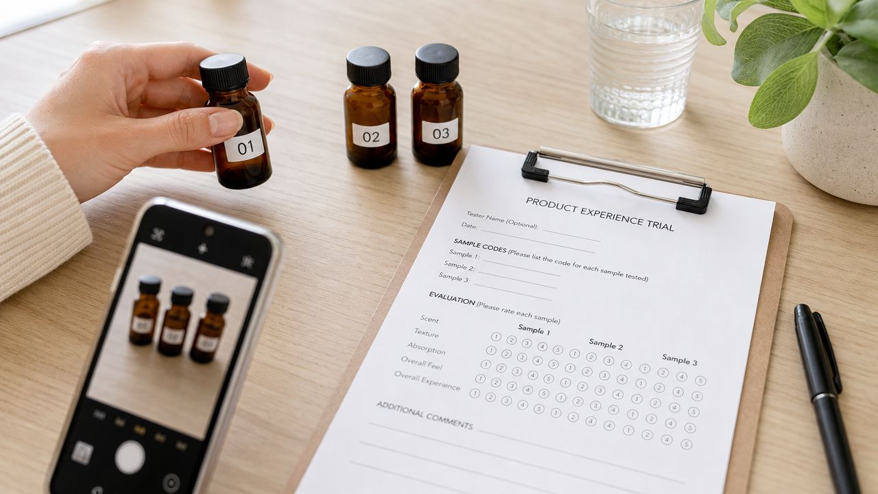 A person holding a small bottle next to a product experience trial form on a wooden desk.