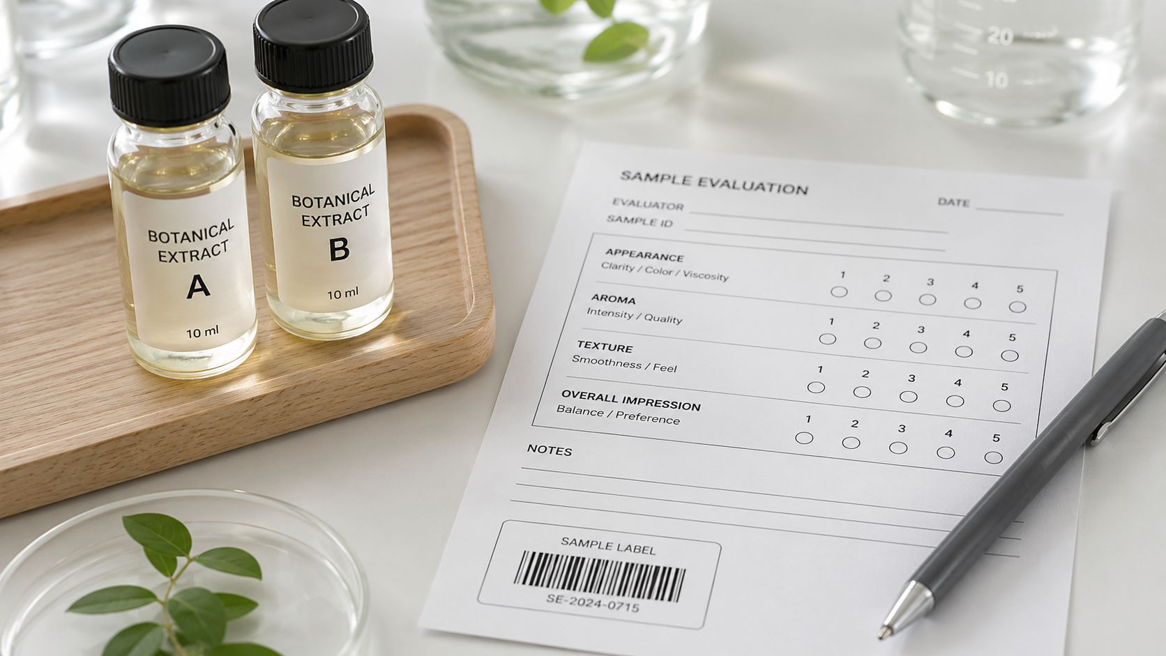 Two small botanical extract bottles on a tray next to a sample evaluation form and pen.