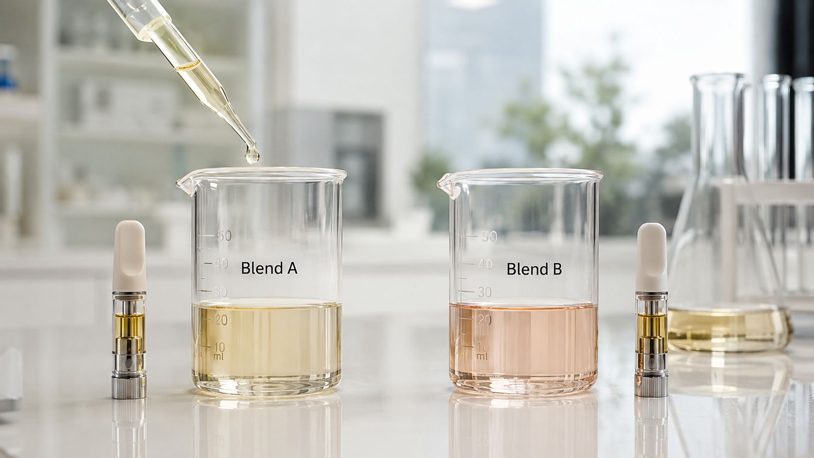 A lab setup comparing two beakers labeled Blend A and Blend B with vape cartridges and a dropper.