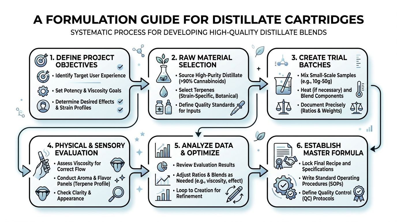 A six-step infographic guide detailing the systematic process for developing and formulating high-quality cannabis distillate cartridges.