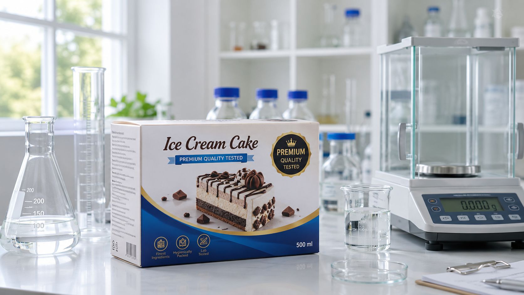 A box of premium quality ice cream cake sits on a laboratory table next to scientific equipment.