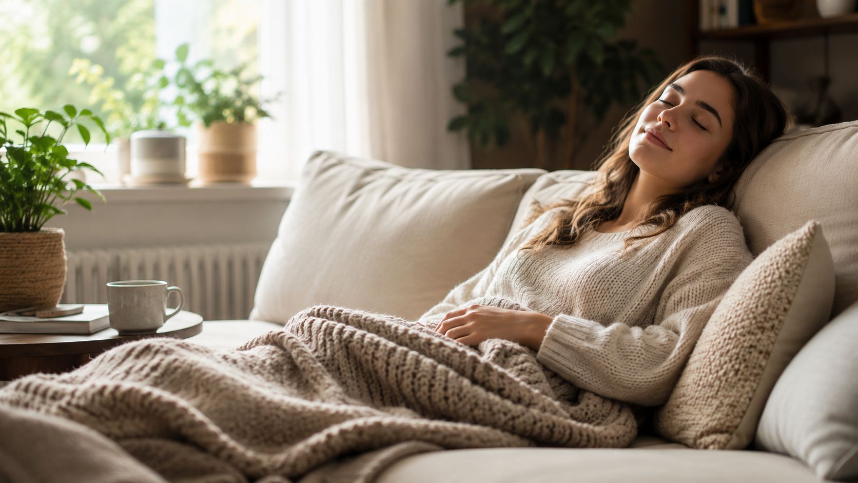 A peaceful young woman resting comfortably on a cozy sofa wrapped in a soft knitted blanket.