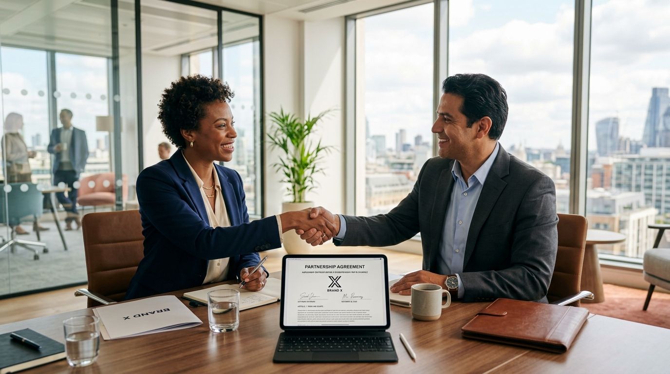 A professional man and woman smiling and shaking hands over a partnership agreement in an office