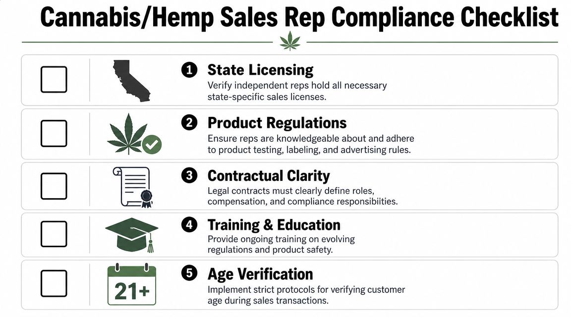 A compliance checklist for independent cannabis and hemp sales representatives covering licensing, regulations, contracts, training, and age verification.