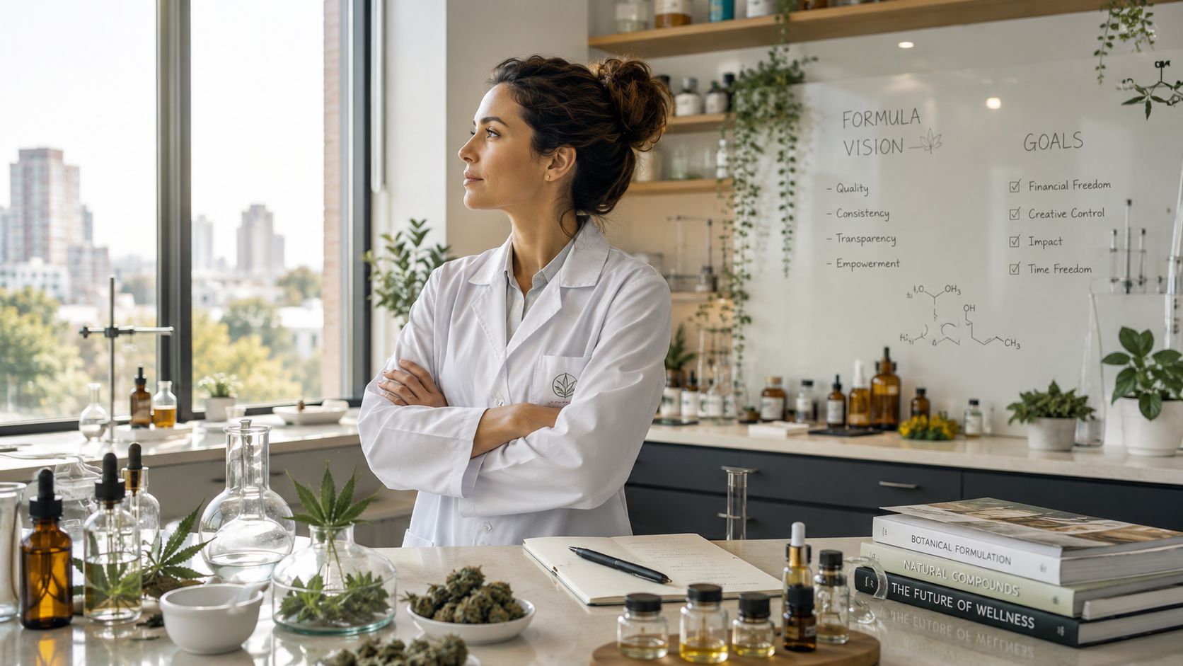 A professional researcher in a lab coat looks out the window, surrounded by botanical samples and formulas.