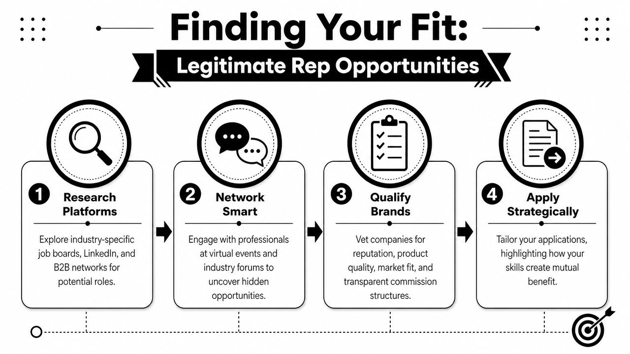 An infographic showing a four-step process for finding legitimate independent sales representative opportunities and career roles.