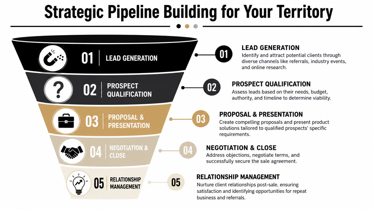 A five-step sales funnel diagram illustrating the strategic pipeline building process for territory sales management.