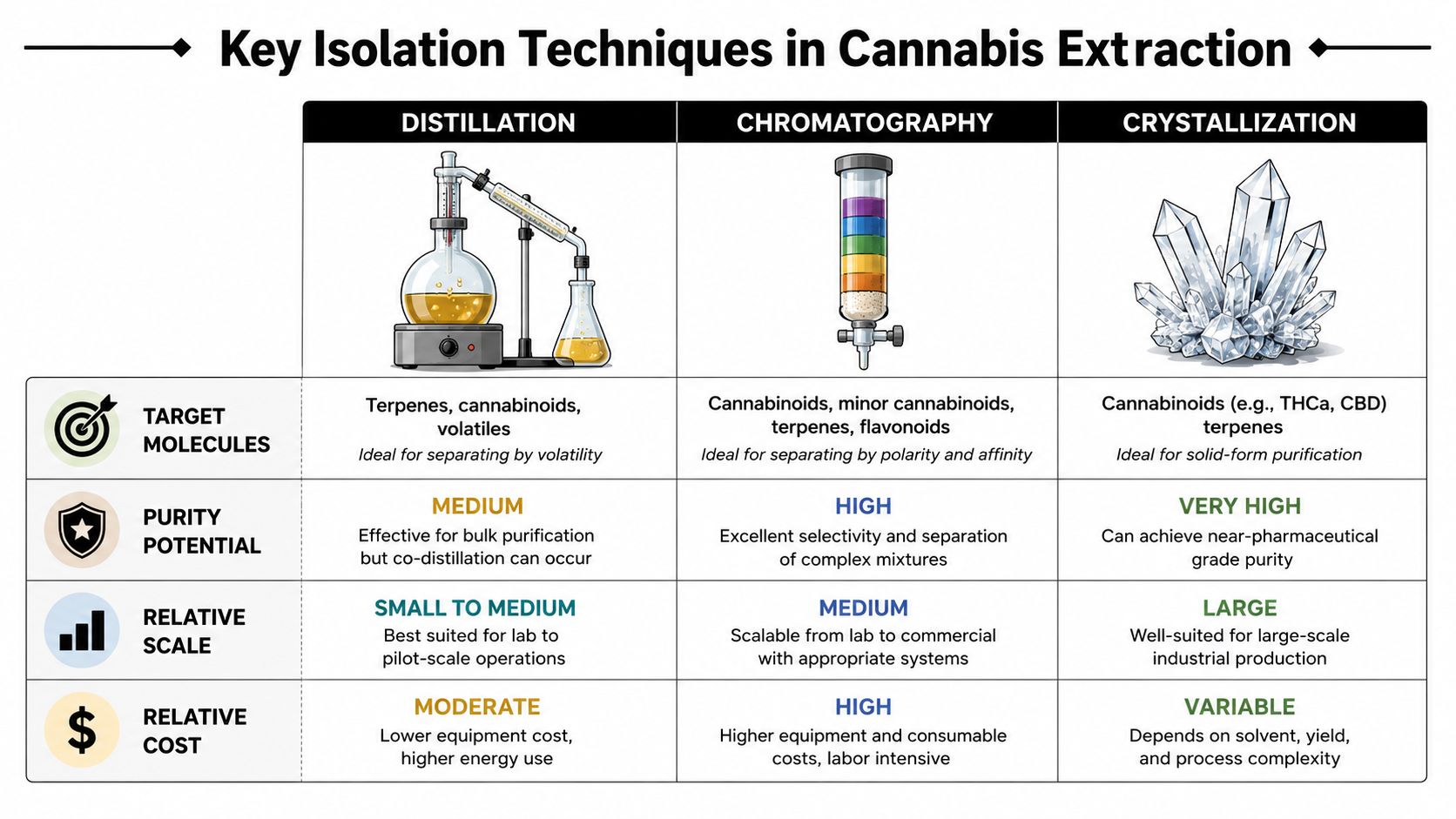 A comparative chart outlining the key isolation techniques in cannabis extraction: distillation, chromatography, and crystallization.