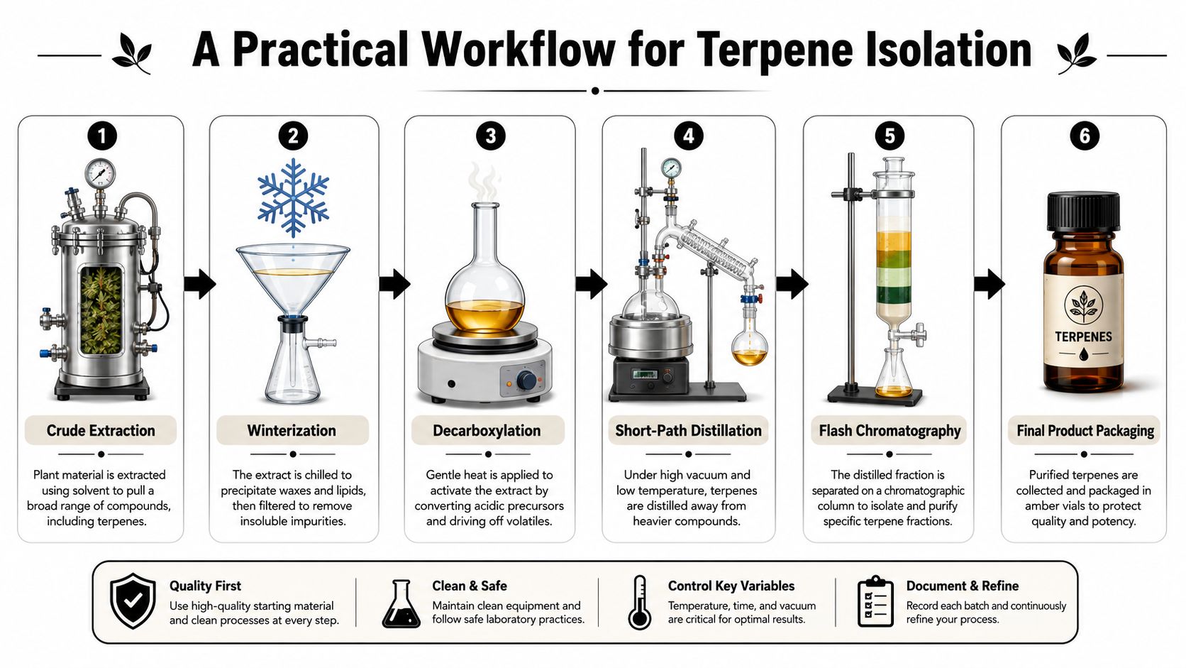 An infographic detailing the six-step industrial workflow for extracting and purifying terpenes from plant materials.