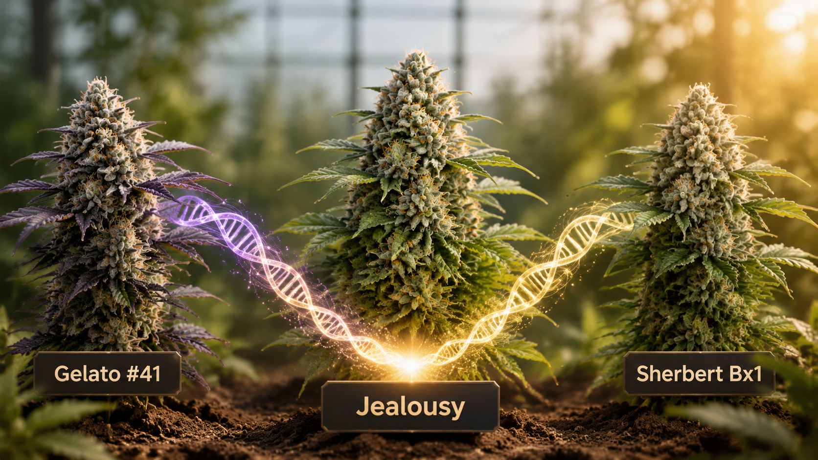 Visual representation showing Gelato 41 and Sherbert Bx1 cannabis strains creating the Jealousy OG hybrid strain.