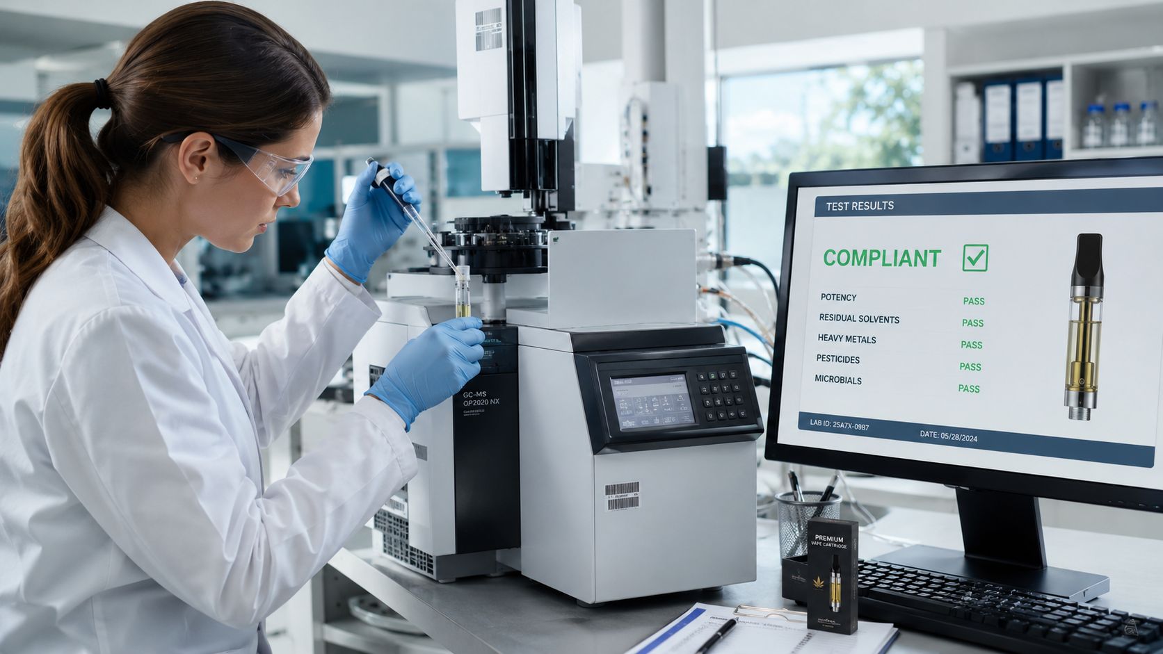 A female scientist in a laboratory conducting quality control tests on a vape cartridge using advanced machinery.