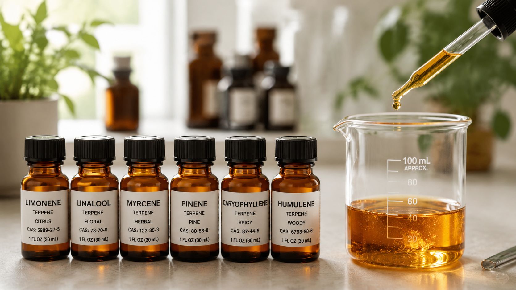 A row of amber glass dropper bottles labeled with various terpenes like limonene and pinene next to a beaker.