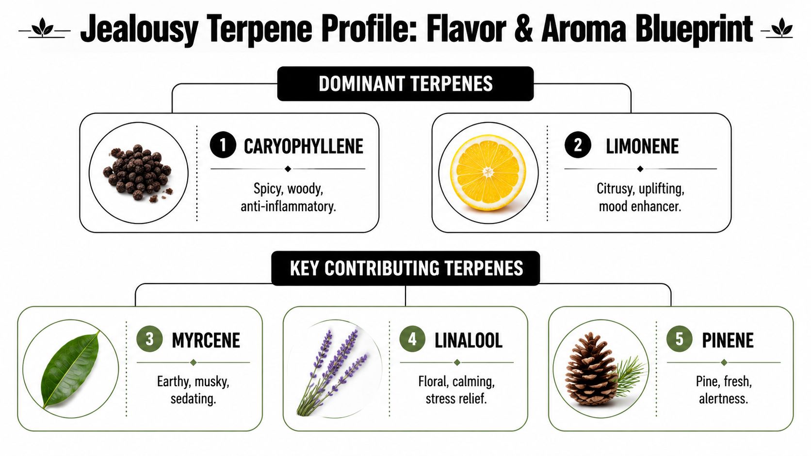 An infographic detailing the dominant and secondary terpene profiles for the Jealousy cannabis strain flavor and aroma.