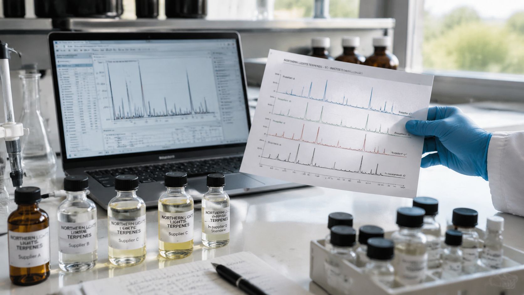 A scientist comparing Northern Lights terpene test results on a laptop screen with printed analytical reports.