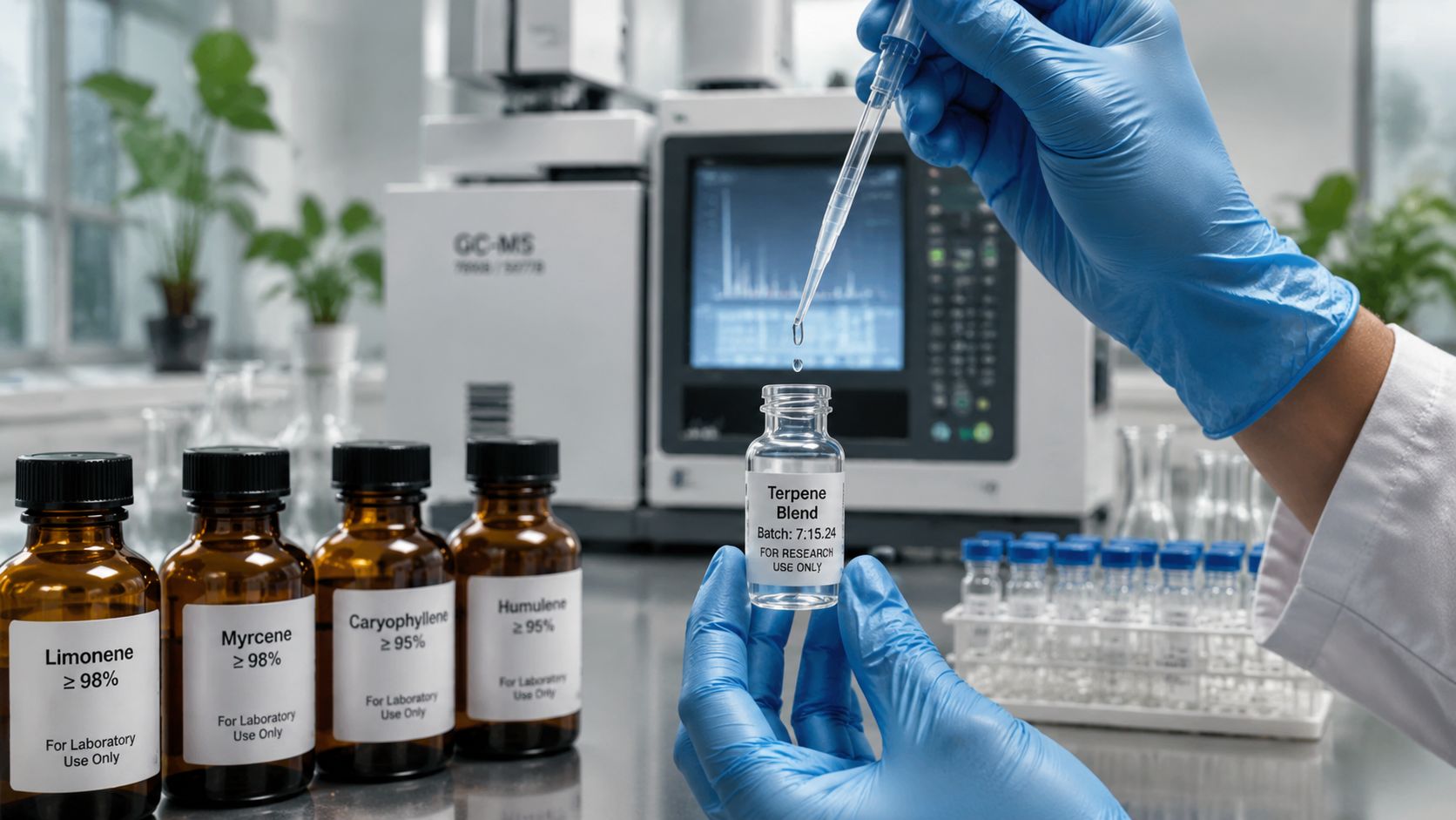 A laboratory technician in blue gloves preparing a terpene blend sample for analysis using a GC-MS instrument.