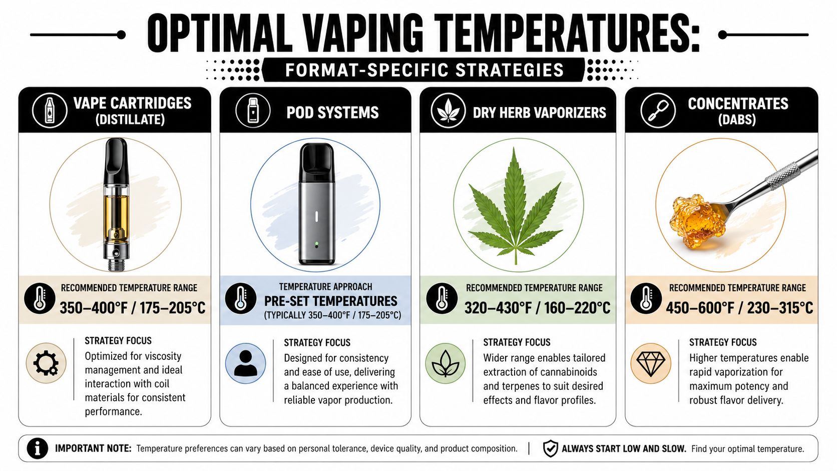 An infographic showing optimal vaping temperature ranges for cartridges, pod systems, dry herbs, and cannabis concentrates.