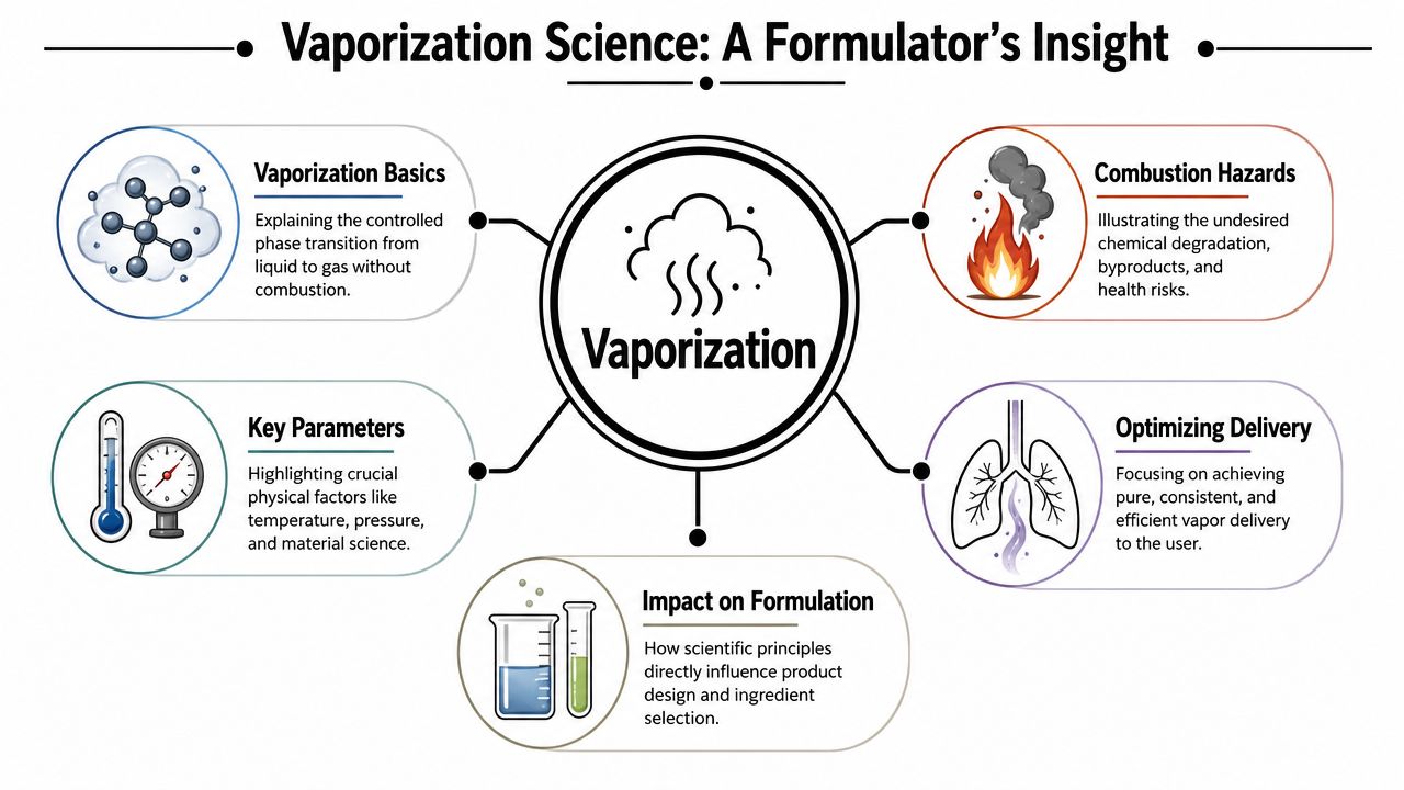A scientific diagram illustrating key concepts of vaporization, including basics, parameters, hazards, and delivery optimization.