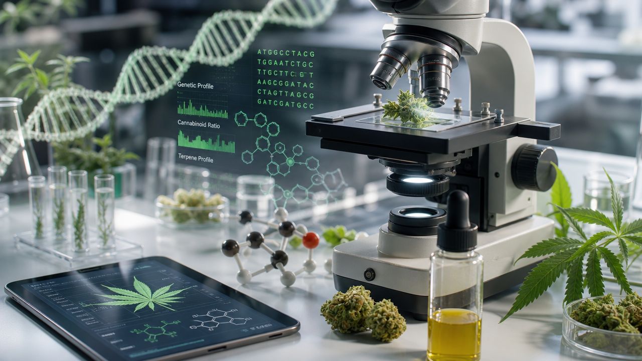 Scientific cannabis research laboratory with a microscope, DNA strands, digital data, and various hemp plant samples.