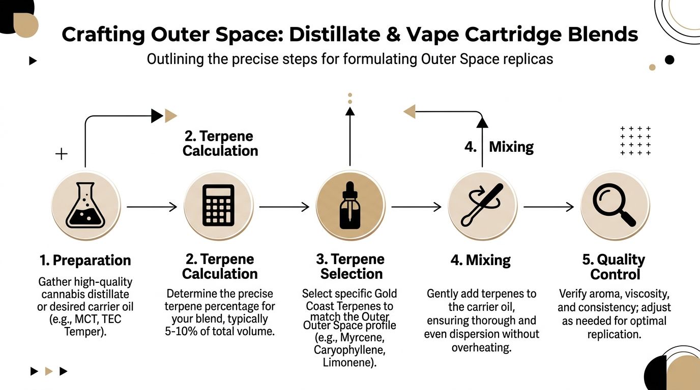 An infographic detailing the five steps for formulating an Outer Space cannabis distillate vape cartridge blend.
