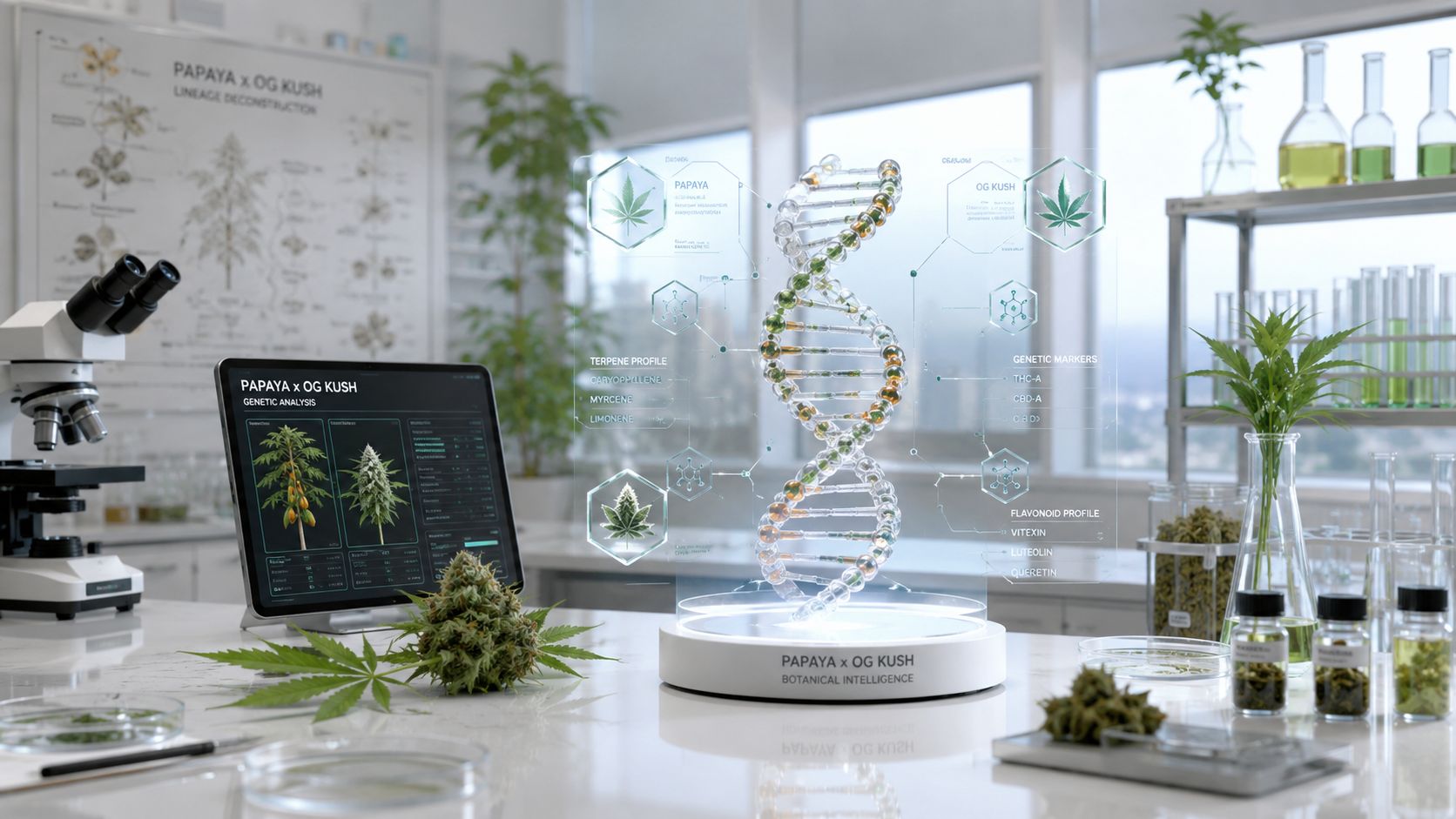 A futuristic laboratory display showing the genetic analysis of the Papaya OG Kush cannabis strain with DNA helix.