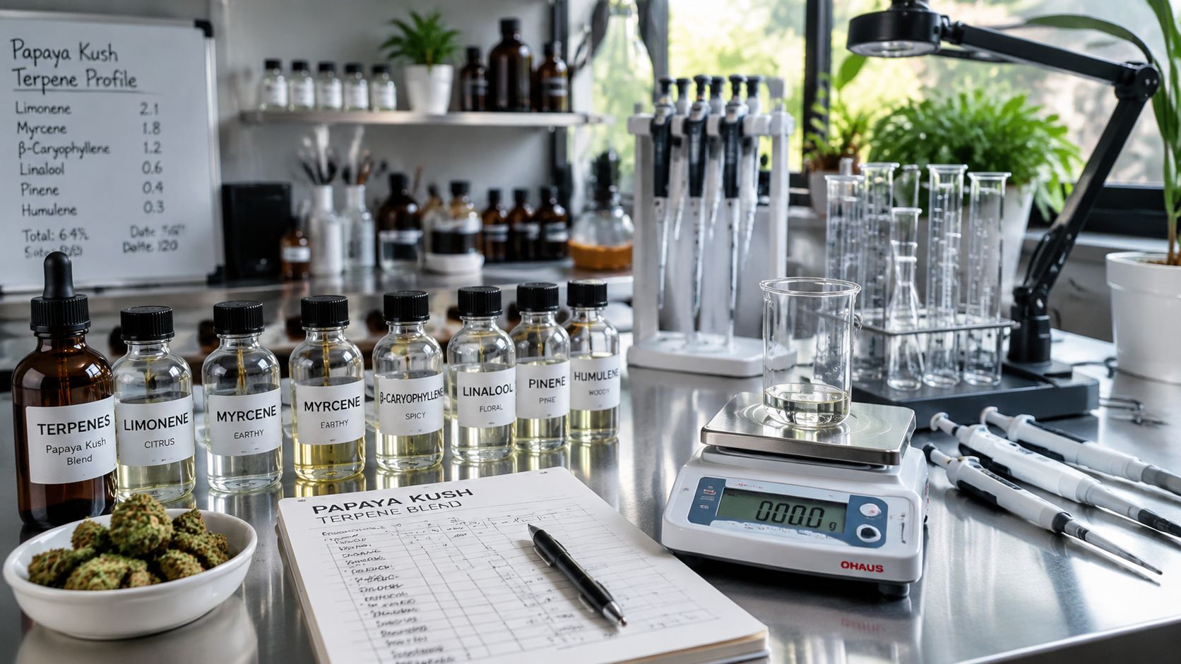 Scientific laboratory equipment with terpene bottles, Papaya Kush flower, and testing data on a metallic table.