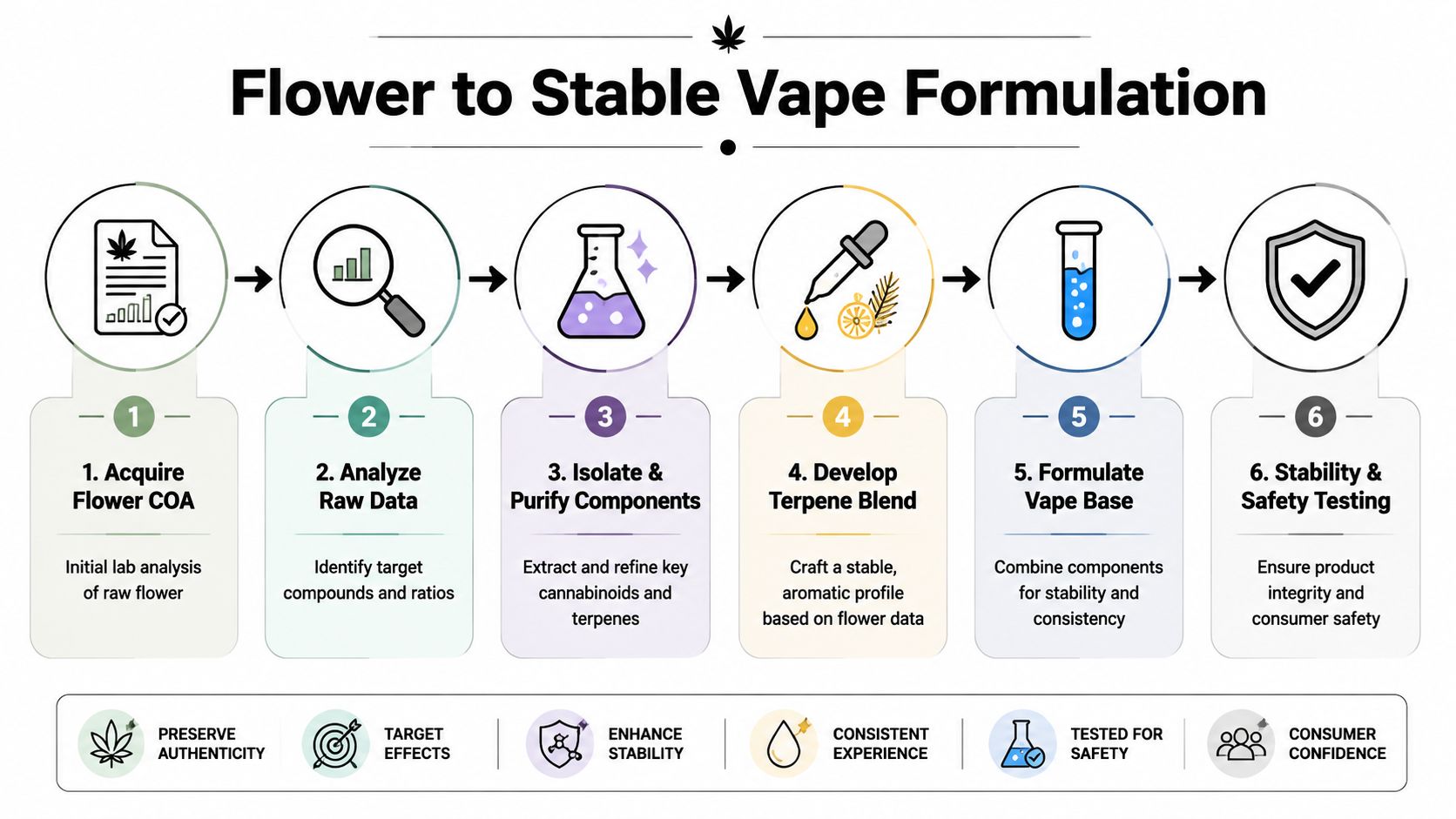 A flowchart showing the six-step professional process to create a stable cannabis vape formulation from raw flower.