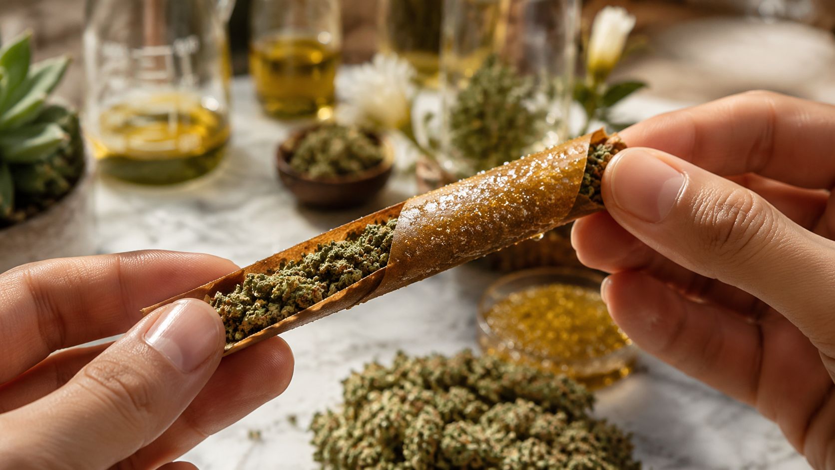 A close-up view of hands preparing to roll a cannabis blunt using a wrap and dried flower.