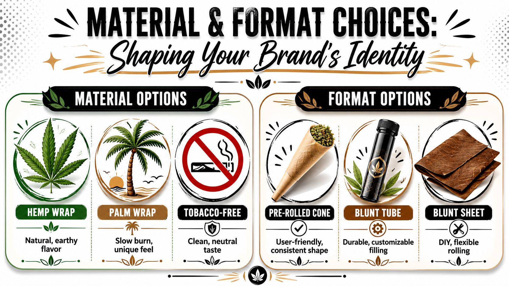 An infographic showing various material and format options for pre-rolled blunt wraps for brand identity.