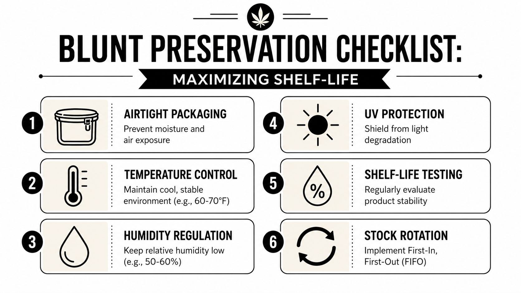 A blunt preservation checklist infographic outlining six essential steps for maintaining optimal product quality and freshness.