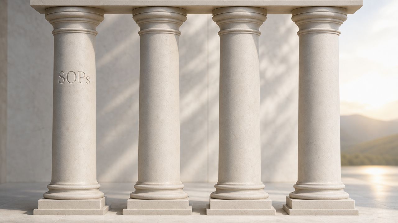 Four classical marble columns stand in a row with SOPs text carved into the first pillar.