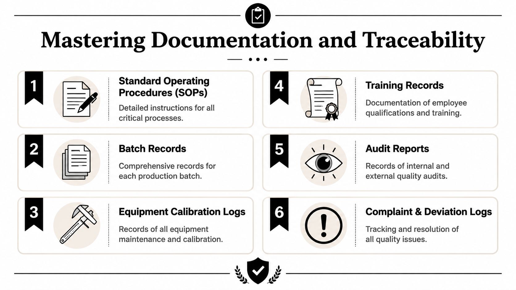 An infographic detailing six essential documentation and traceability steps for quality assurance processes in manufacturing.
