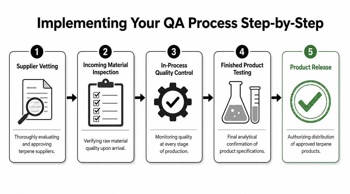 A five-step flowchart illustrating a comprehensive quality assurance process for testing and approving terpene products.